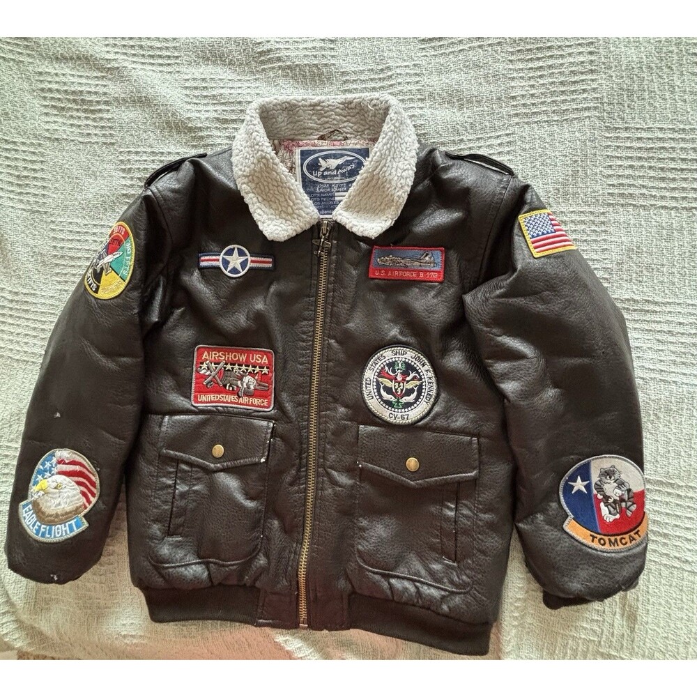 Up and Away USAF Junior Flight Bomber Jacket Sherpa Faux Leather Large 12 Boys
